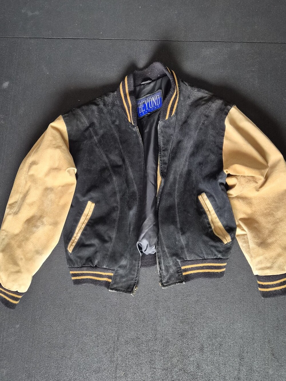 Vintage 90s Suede Two-Tone Black and Tan Varsity Jacket